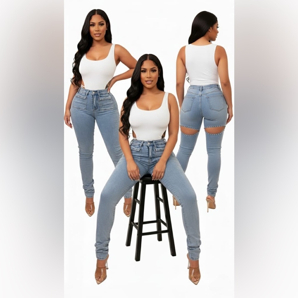 Diamonds Open Buttocks Jeans Bottom Trouser Pants Womenswear Lady Underwear Sexy